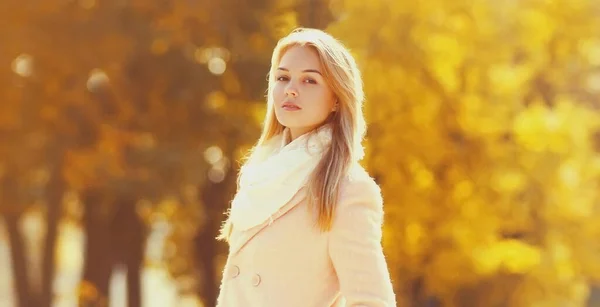 晴れた秋の公園でカメラを見て美しい若い女性の肖像画 — ストック写真