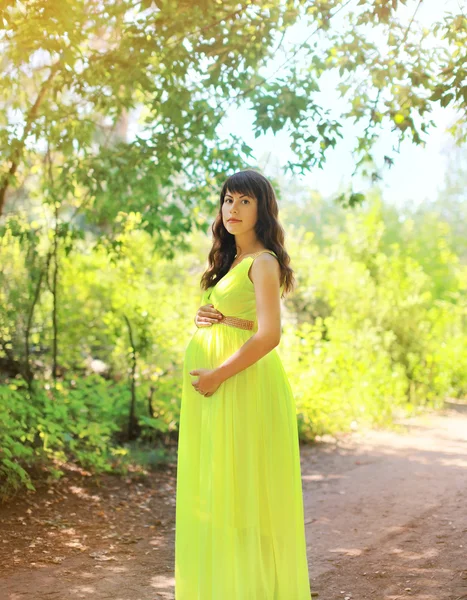 Embarazada hermosa mujer en vestido en el parque —  Fotos de Stock