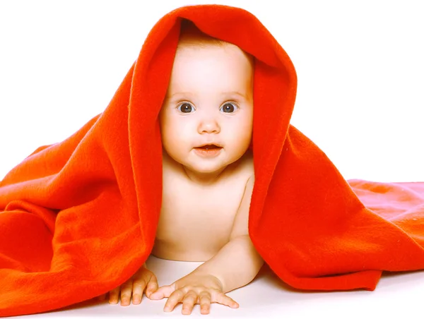 Charming baby crawls in towel — Stock Photo, Image