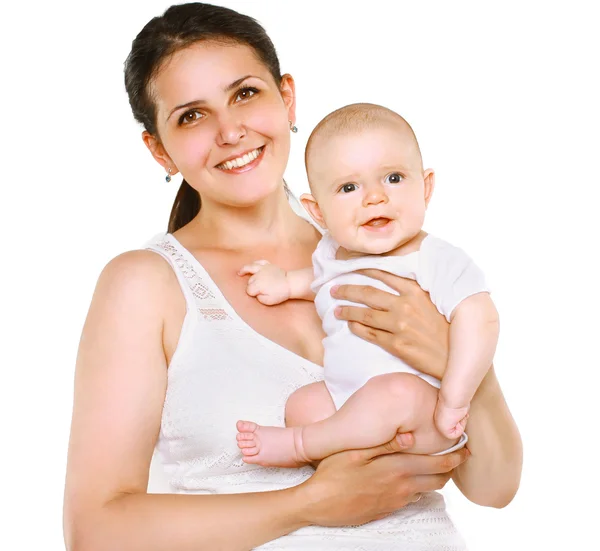Portrait happy mom and baby on a white background — Stock Photo, Image