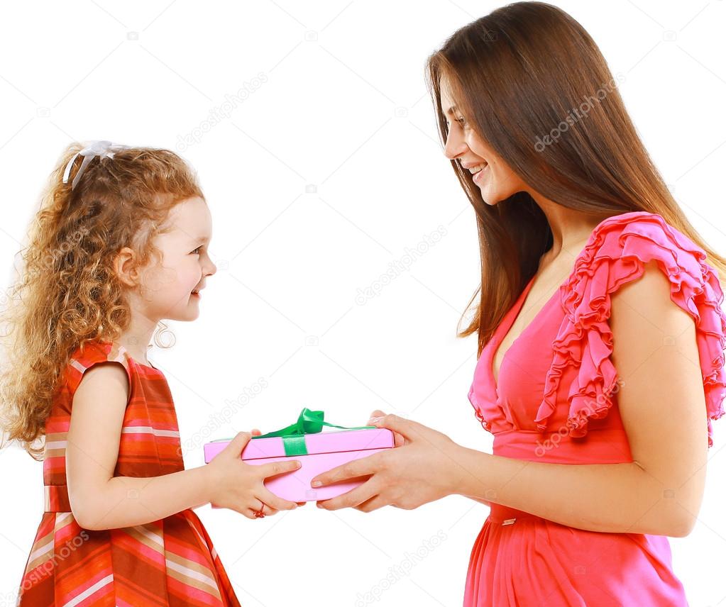 Happy mother gives gift box child, christmas, holiday, birthday,