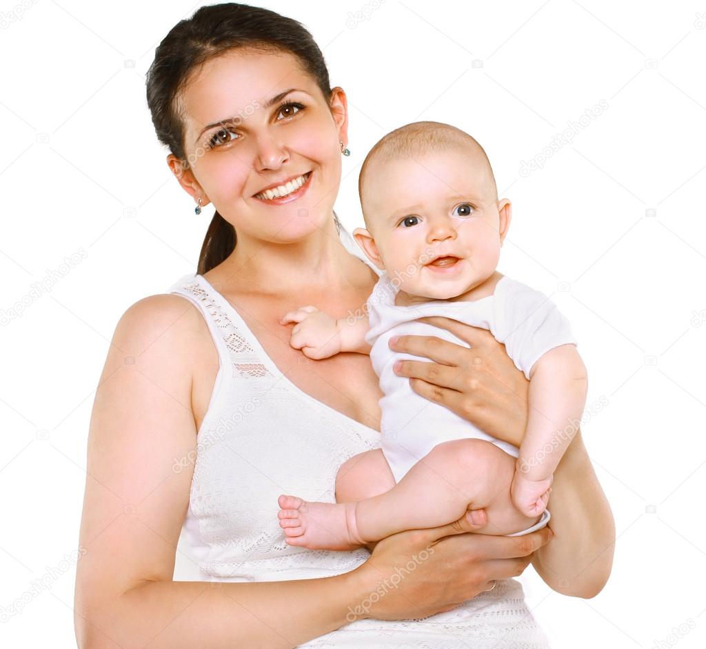 Portrait happy mom and baby on a white background