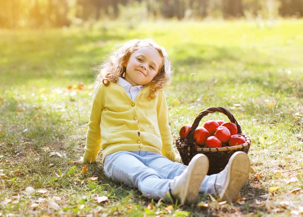 Bambina con cesto autunnale e mele all'aperto — Foto Stock