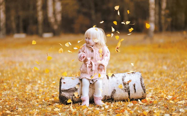 Autumn lifestyle photo child throws up the leaves and having fun — Stock Photo, Image