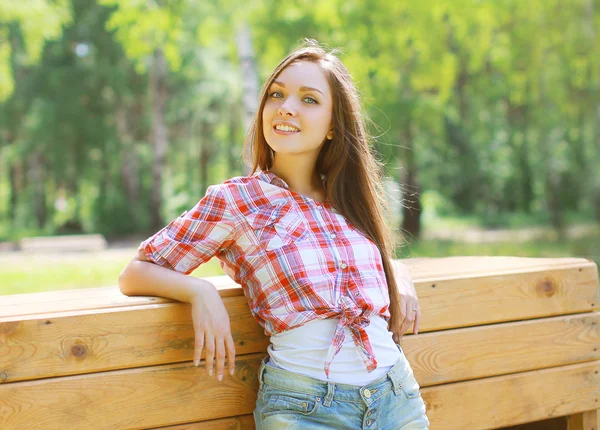 Portrait pretty happy girl in country style — Stock Photo, Image