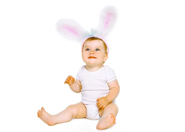 Positive cute baby in costume easter bunny — Stock Photo, Image