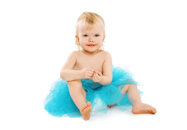 Lindo niño niña en falda azul — Foto de Stock