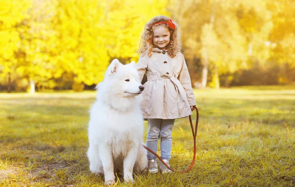 Otoño soleado foto niño y perro paseando en el parque —  Fotos de Stock
