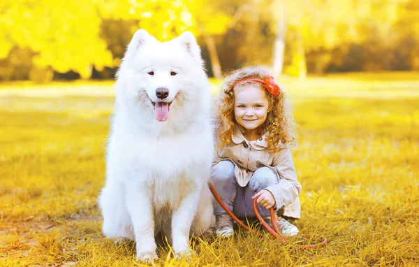 Happy little girl and dog having fun in sunny autumn day — Stock Photo, Image