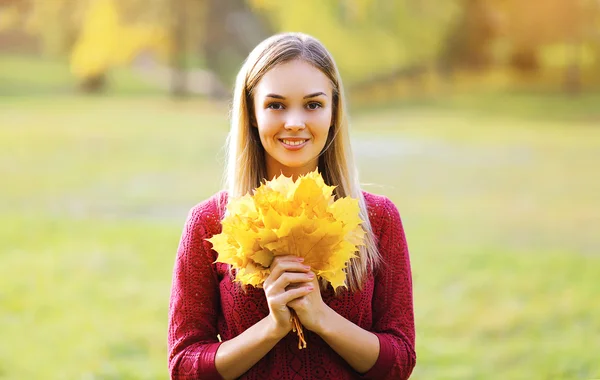Mujer bastante sonriente con hojas de arce amarillo en el día de otoño —  Fotos de Stock