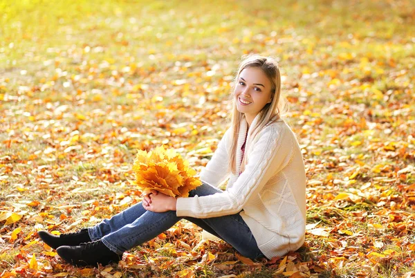 Retrato menina bonita se divertir no parque de outono — Fotografia de Stock