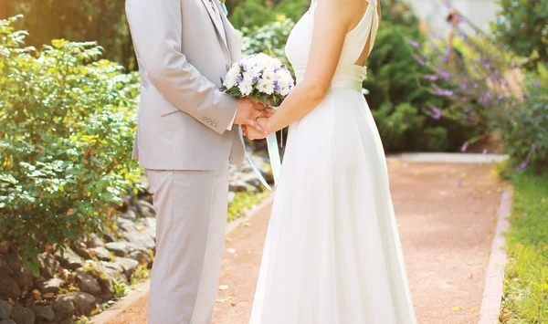 Beautiful wedding couple, bride and groom on the nature in sunny — Stock Photo, Image