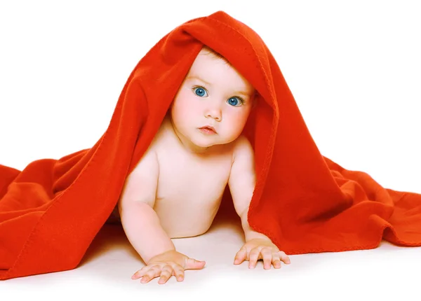 Cute baby and towel on a white background — Stock Photo, Image