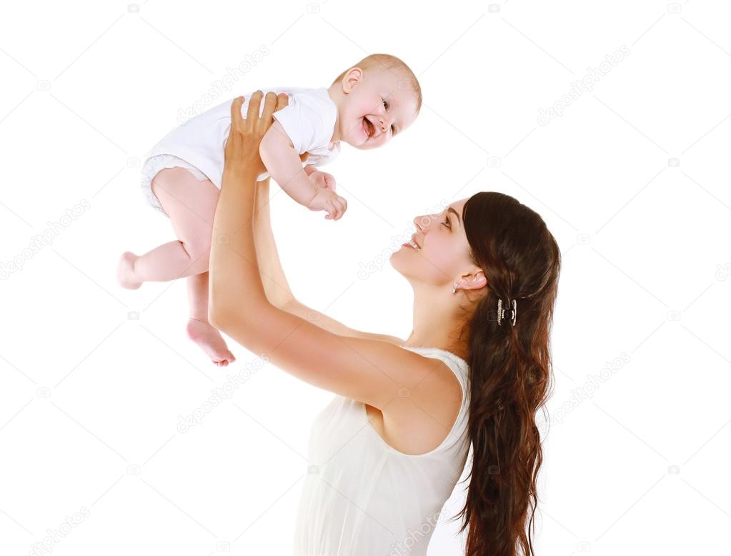 Happy mother and baby having fun on a white background