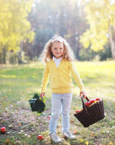 Smiling child with autumn basket having fun outdoors in warm sun — Stock Photo, Image