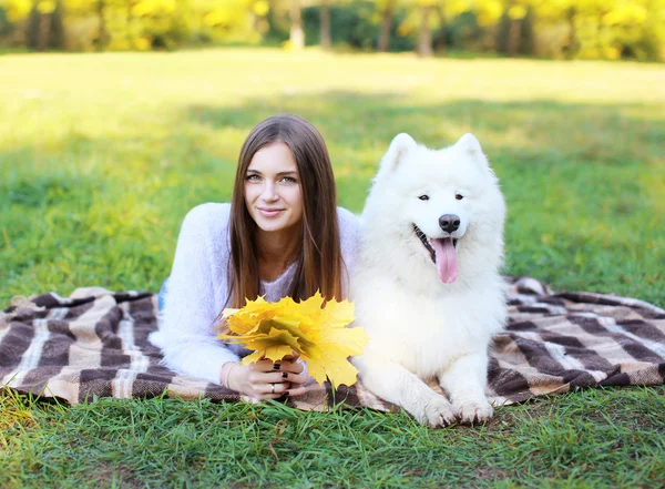 Portré boldog szép nő, és fehér Szamojéd kutya nyugszik a — Stock Fotó