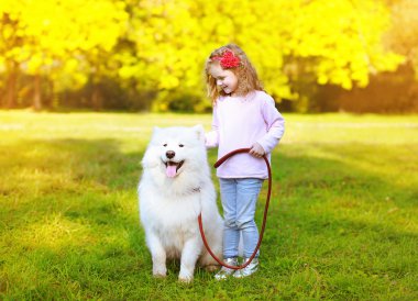 Mutlu pozitif küçük kız ve köpek dışarıda eğleniyor 