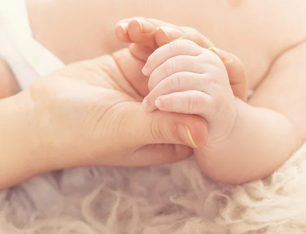 Closeup of a baby hand in hand mother — Stock Photo, Image