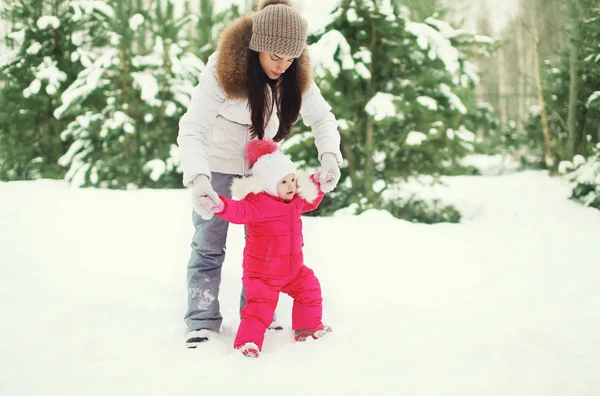 Moeder en kind in wandelen in de winter park — Stockfoto