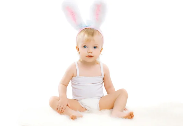 Portrait of cute baby in costume easter bunny with fluffy ears o — Stock Photo, Image