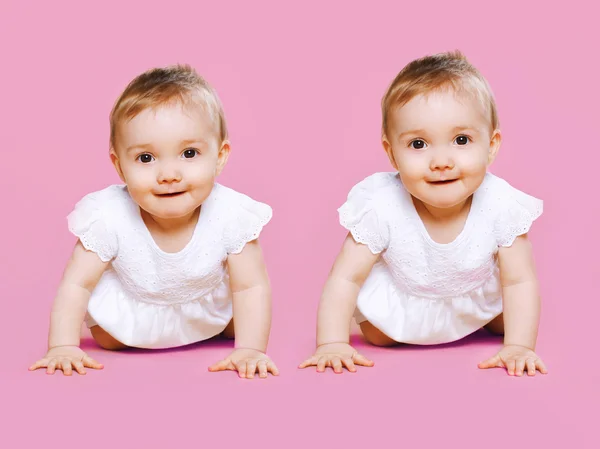 Retrato de dois gêmeos doces bebê rasteja juntos — Fotografia de Stock