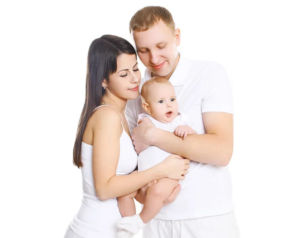 Glad ung familj, porträtt av föräldrar med söt baby Stockbild