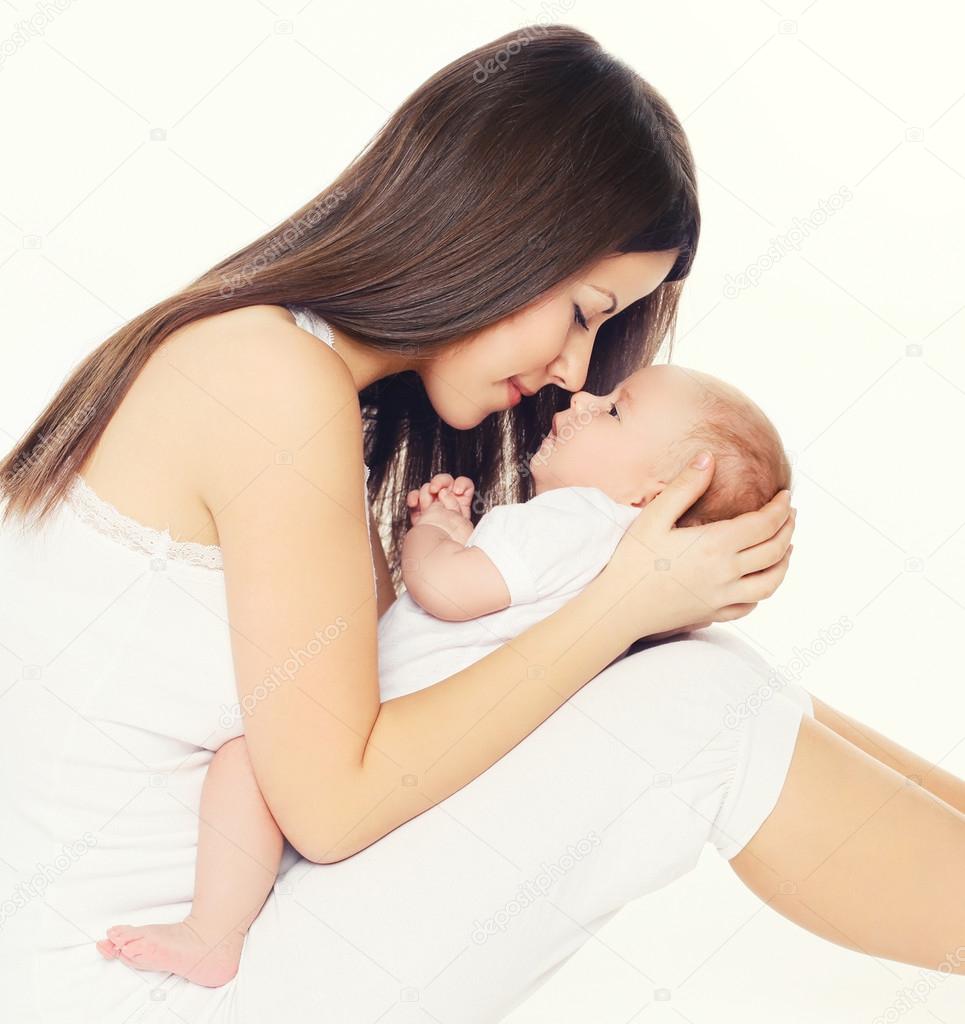 Mother and baby together on a white background