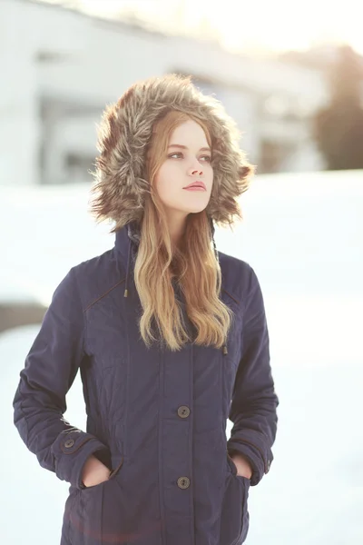 Pretty blonde in winter jacket outdoors — Stock Photo, Image