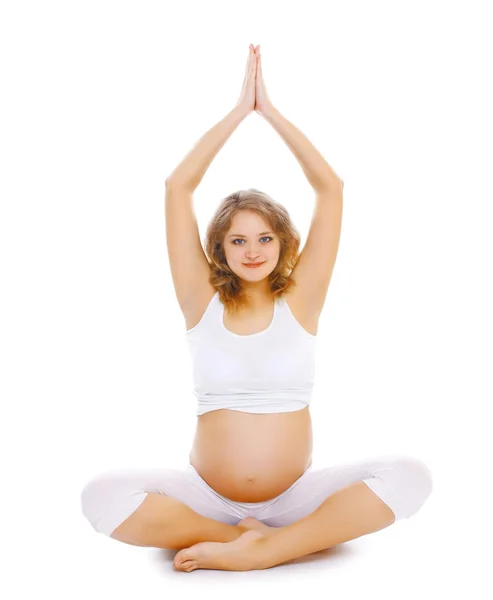 Pregnancy, motherhood, fitness and yoga concept - happy smiling — Stock Photo, Image