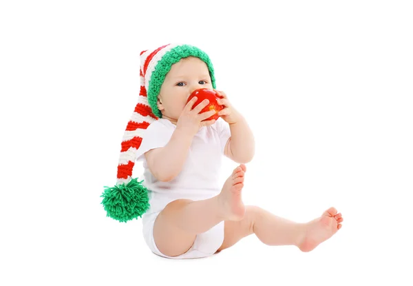 Kırmızı elma ile örme şapka bebek — Stok fotoğraf