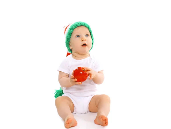 Christmas and childhood concept - cute baby in bright knitted gn — Stock Photo, Image