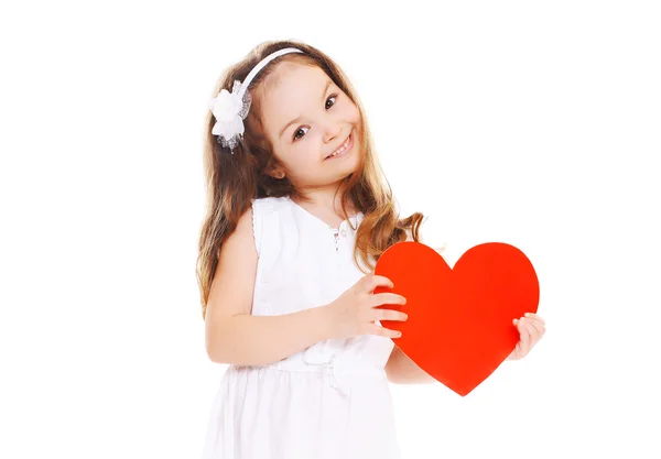 Beautiful little girl with big red heart - love, child, family a — Stock Photo, Image