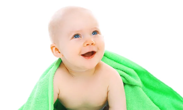 Portrait of happy smiling baby under bright towel — Stock Photo, Image