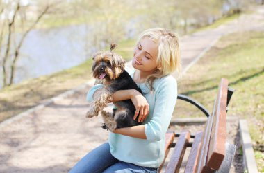 Yorkshire terrier köpek yürüyüş ile mutlu genç kız sahibi