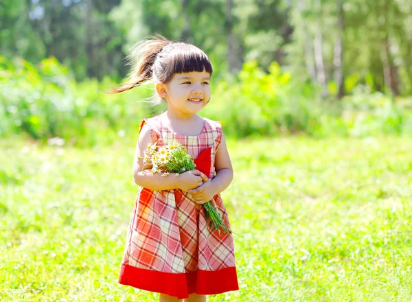 Portrait of cute little girl child smiling with flowers wearing — 스톡 사진