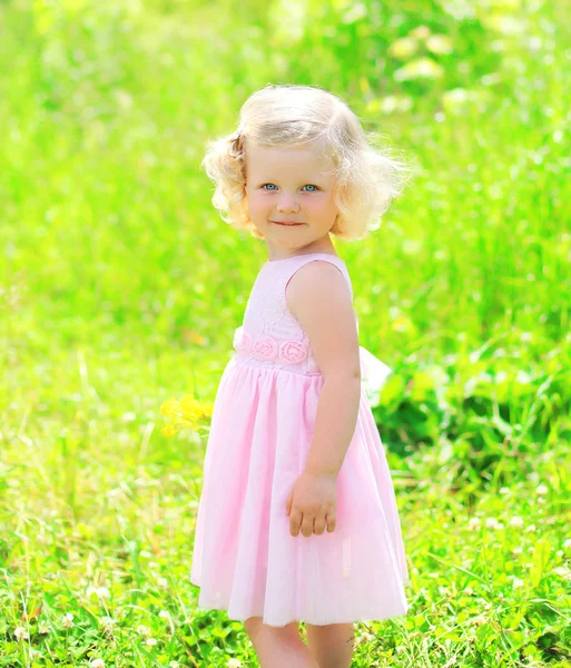 Retrato ensolarado de criança menina no vestido no verão grama — Fotografia de Stock