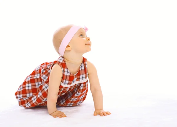 Portrait of cute baby in dress with headband crawls and looks up — Stock Photo, Image