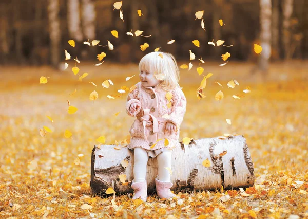 Criança feliz joga folhas amarelas e se divertindo no outono par — Fotografia de Stock
