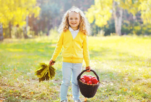 Маленькая улыбающаяся девочка с кленовыми листьями и корзинкой с яблоком — стоковое фото