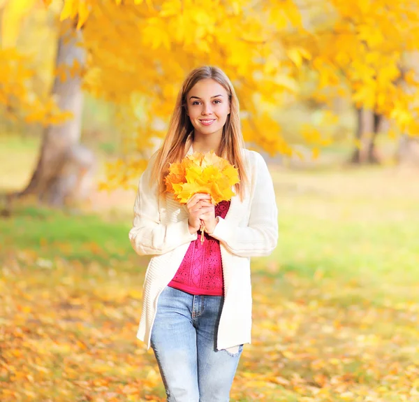 美丽的微笑少女与黄色枫叶树叶在秋天 — 图库照片
