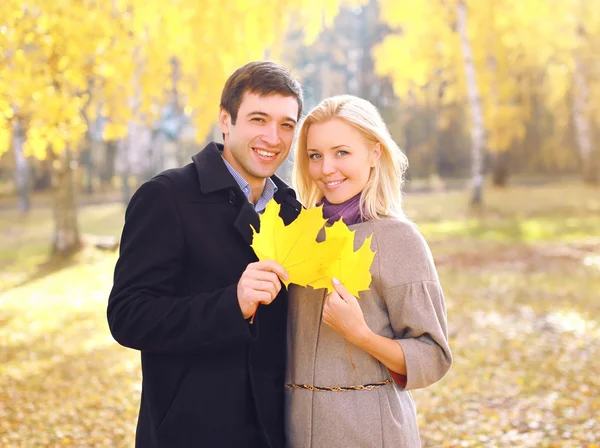 Portrait of happy young smiling couple with yellow maple leafs i — Stock Photo, Image