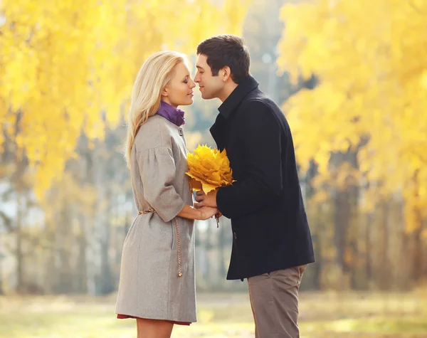 Портрет молодой любящей пары, целующейся в осеннем парке — стоковое фото