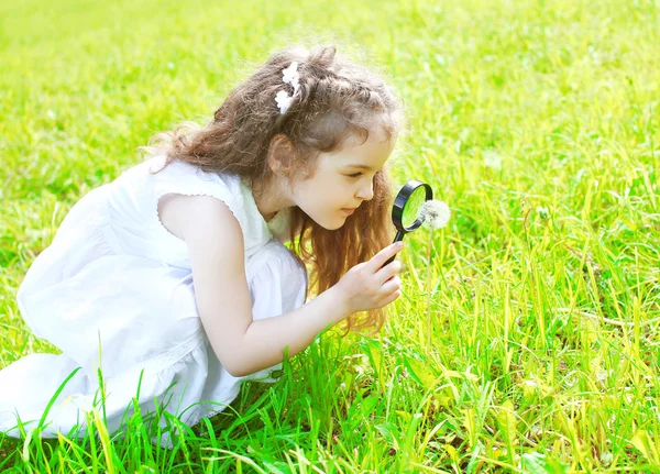 Ребенок смотрит через увеличительное стекло на траве летом — стоковое фото