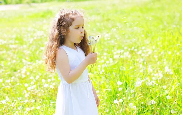 Małe dziecko dziewczyna kwiaty mniszek lekarski dmuchanie w słoneczny wiosna fie — Zdjęcie stockowe