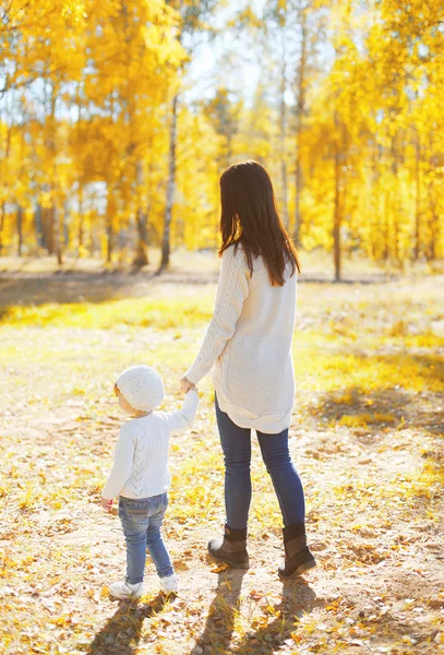 Szczęśliwą matką spaceru z dzieckiem w słoneczny jesienny dzień — Zdjęcie stockowe