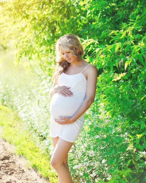 Hermosa joven embarazada en vestido en la naturaleza —  Fotos de Stock