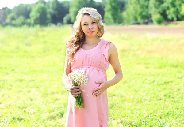 Çiçeklerle chamomiles açık havada güneşli güzel hamile kadın — Stok fotoğraf
