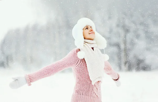 Retrato feliz sonriente mujer usando un suéter y sombrero disfruta wi — Foto de Stock