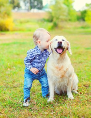 Golden Retriever köpek çim Park öpüşme küçük çocuk çocuk