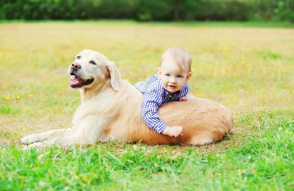 Mały chłopiec dziecko grając z Golden Retriever pies na trawie — Zdjęcie stockowe